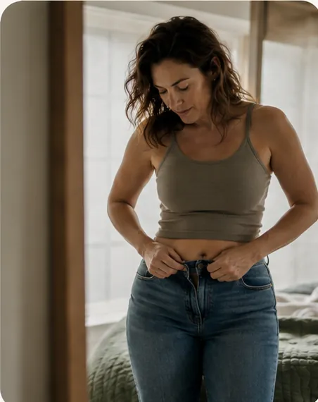 Woman buttoning her jeans