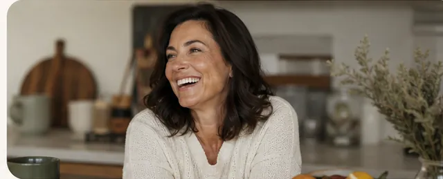 Woman laughing in her kitchen