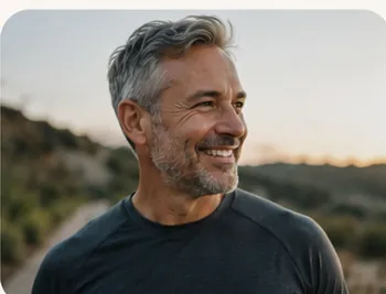 Man smiling outdoors at sunset