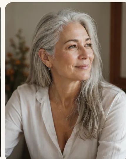 Silver-haired woman looking out a window