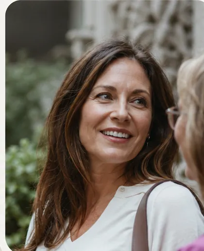 Woman walking and chatting outside